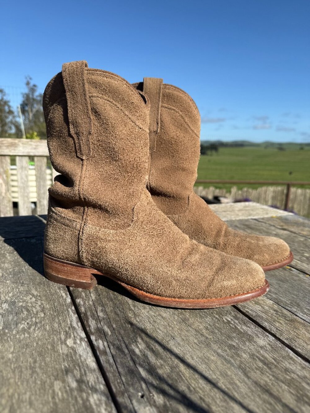 Tecovas Tan Suede Roper Cowboy Boot, Men’s 8.5D, Women’s 10